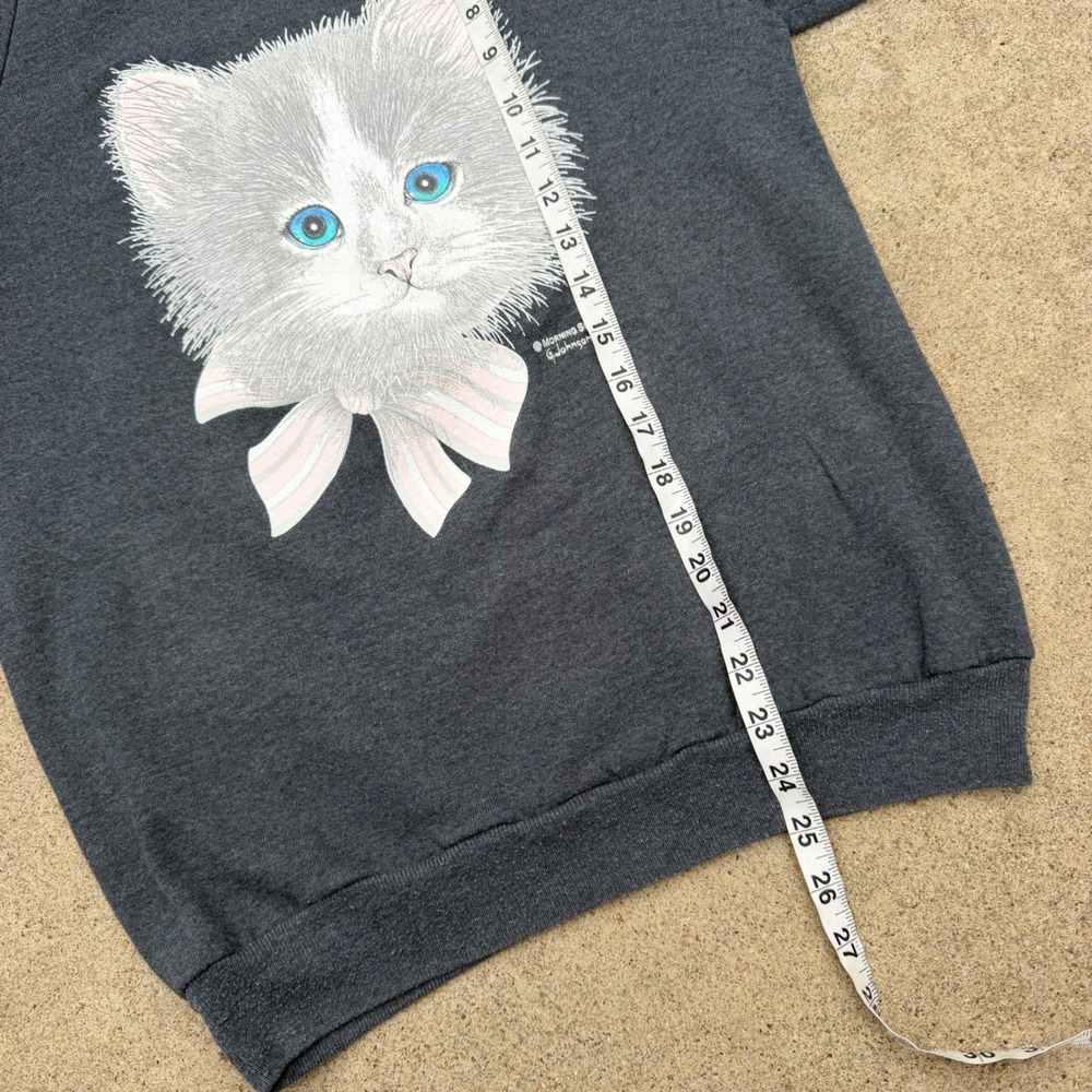 Vintage Jerzees Morning Sun Cat Graphic Sweatshirt Gray Raglan Medium Grannycore - Picture 7 of 7